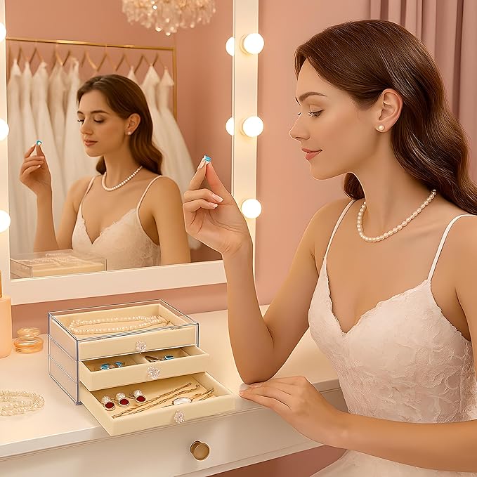 Earring Holder Organizer, Acrylic Jewelry Box with 3 Drawers, Earring Storage Box for Earrings, Rings, Necklaces, Bracelets, Jewelry Organizer and Storage for Women, Velvet Trays, IDEAL Gift
