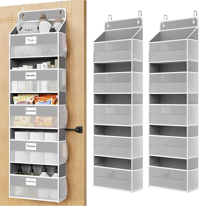 Optish Over The Door Organizer Hanging, 2 Pack 5 Shelf Behind The Doors Storage, Pantry Door Organizer, Closet Organizers for Bedroom and Nursery (Grey)