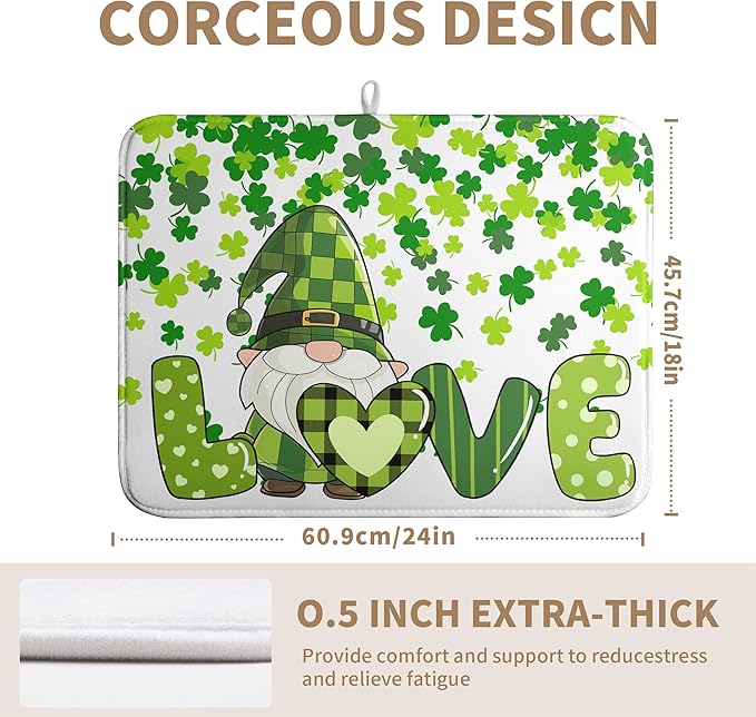 St Patrick's Day Gnomes Dish Drying Mat Shamrock Green Spring Kitchen Dish Drying Pad Absorbent Dish Dryer Mat for Kitchen Countertops Microfiber Dishes Drainer Pad Dish Drying Rack Mat (18x24 in)