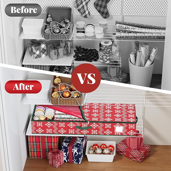 StorageRight Wrapping Paper Organizer Storage Container, Christmas Gift Wrapping Paper Storage Box for Paper Ornaments，Paper Storage Holder for Holiday Decoration Wave/Red