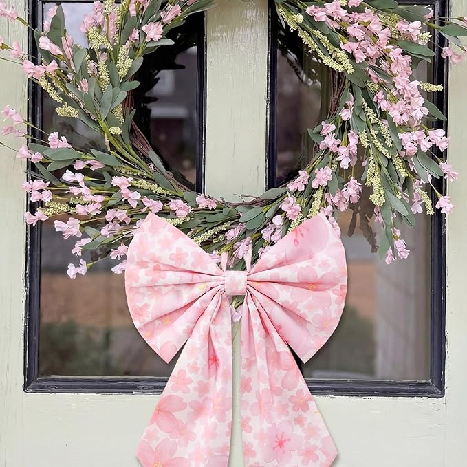 2 Pcs Spring Cherry Blossoms Wreath Bows 19.6'' x 11.8'' Large Tree Topper Pink Ornament Rustic Burlap Wreath Sash for Front Door Spring Party Yard Doorway Indoor Outdoor Wall Decor