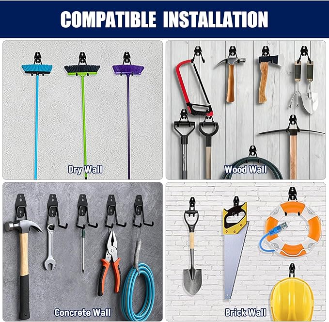 12 Pack Garage Hooks Heavy Duty, Iron Garage Storage Hooks with Anti-Slip Coating, Utility Wall Mount Hangers for Garden and Power Tools, Ladders, Bikes, Hoses and Bulky Items