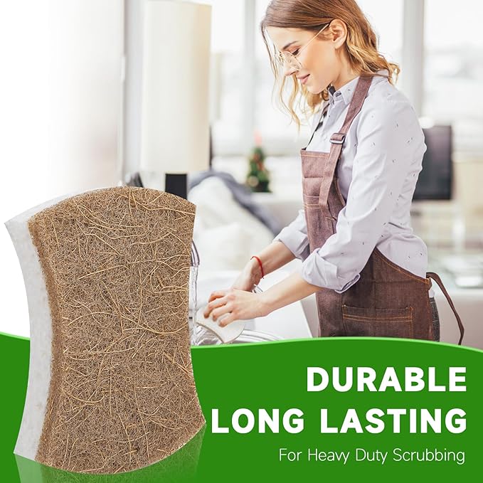 AEROZZ 10 Pack Biodegradable Natural Sponges Kitchen - Compostable Cellulose and Coconut Walnut Scrubber Sponge - Non Scratch Eco Friendly Quick Drying Sponges for Dishes