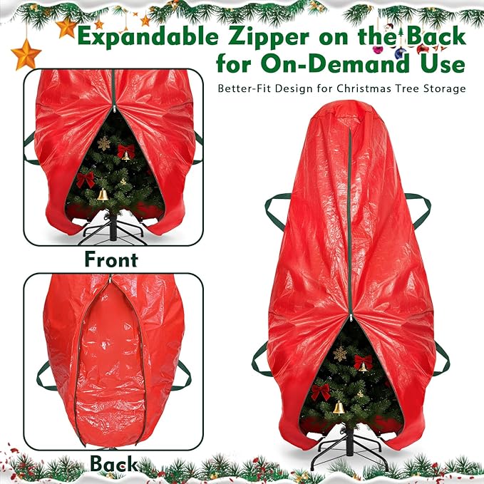 9 ft Christmas Tree Storage Bag, Upright Christmas Tree Bag with Strong Handles, Waterproof & Tear Resistant Xmas Storage Cover with Zippers for Wide Opening(Red)