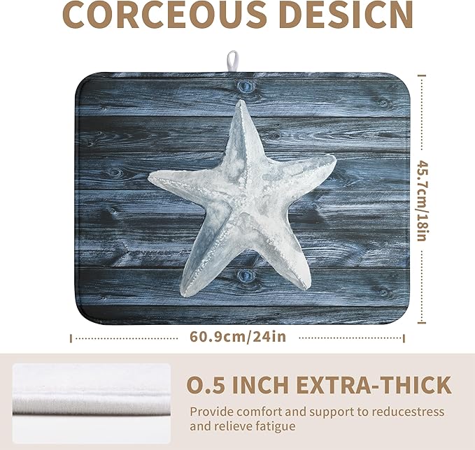 Wnoesat Summer Starfish Dish Drying Mat for Kitchen Counter Navy Blue Microfiber Absorbent Dish Drainer Rack Mats Coastal Ocean Themed Kitchen Sink Dishes Pad 18 X 24 Inch