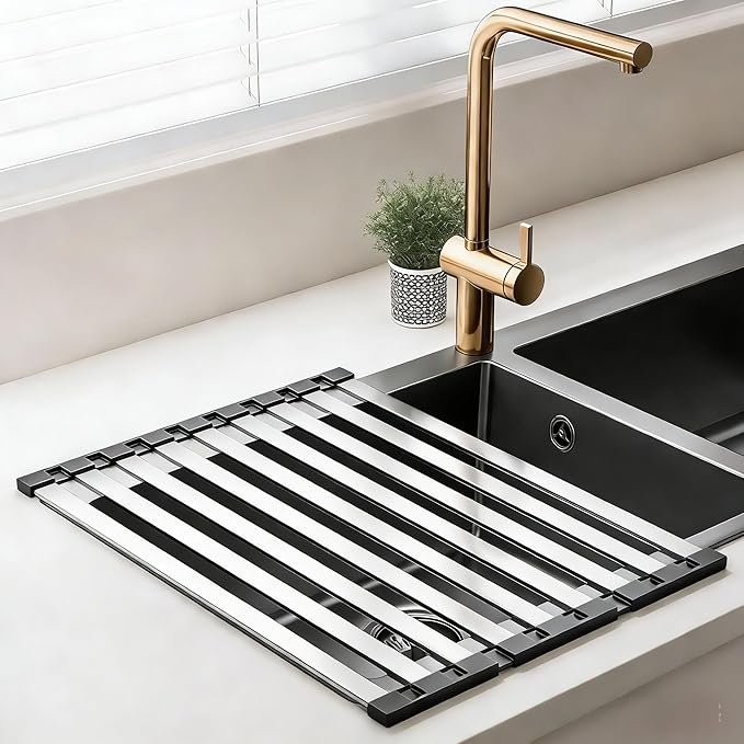 Miao Steward Over The Sink Kitchen Dish Drying Rack Organizer - Stainless Steel Collapsible Non-Slip Space-Saving [23.26 * 12.8IN] - Rust-Resistant Heat-Resistant Sturdy - Easy to Clean