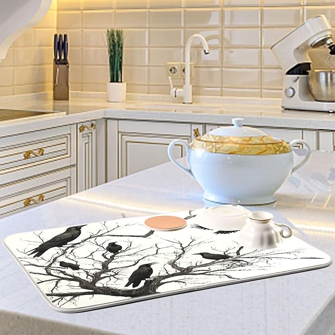 Halloween Raven Dish Drying Mat for Kitchen Countertop 16x18 Black Bat Spooky Small Drying Mat Reusable Quick Dry Dish Sink Mats Easy Clean Decorative Essentials