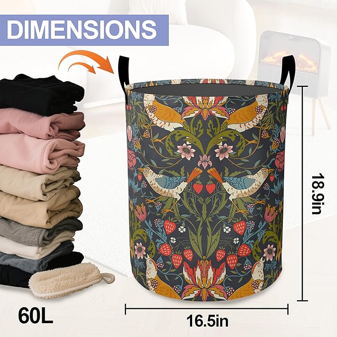 Laundry Basket, William Morris Floral Oxford Cloth Laundry Hamper With Handle Foldable Portable Clothes Storage Basket Storage Bag For Laundry Room/Bathroom/Bedroom/Dormitories