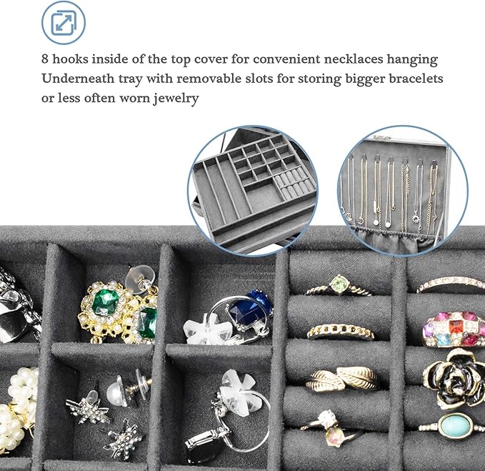ProCase Velvet Jewelry Box Organizer for Women, 2 Layer Jewelry Display Storage Holder Case for Necklace Earrings Bracelets Rings -Grey