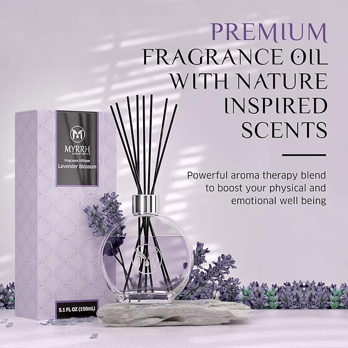 Lavender Blossom Scented Reed Diffuser Set with 8 Rattan Diffuser Sticks, 150 ml, All Natural Air Freshener, Long-Lasting Diffusers at Home - MyrrhUSA