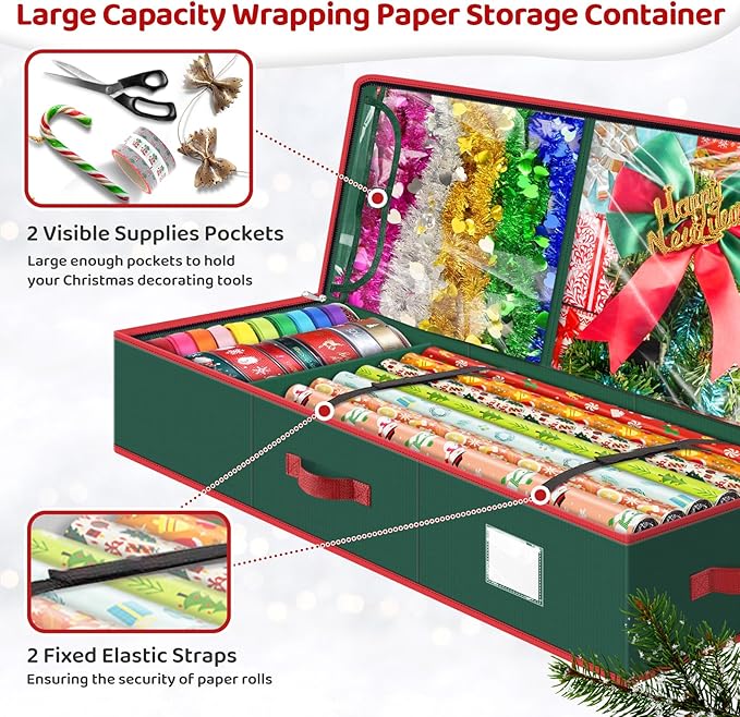 BlessedSeason Wrapping Paper Storage Organizer for 40 Inch Christmas Gifts Wrapping Paper, 2 Visible Supplies Pockets for Holiday Accessories, Christmas Decoration Storage Containers, Green