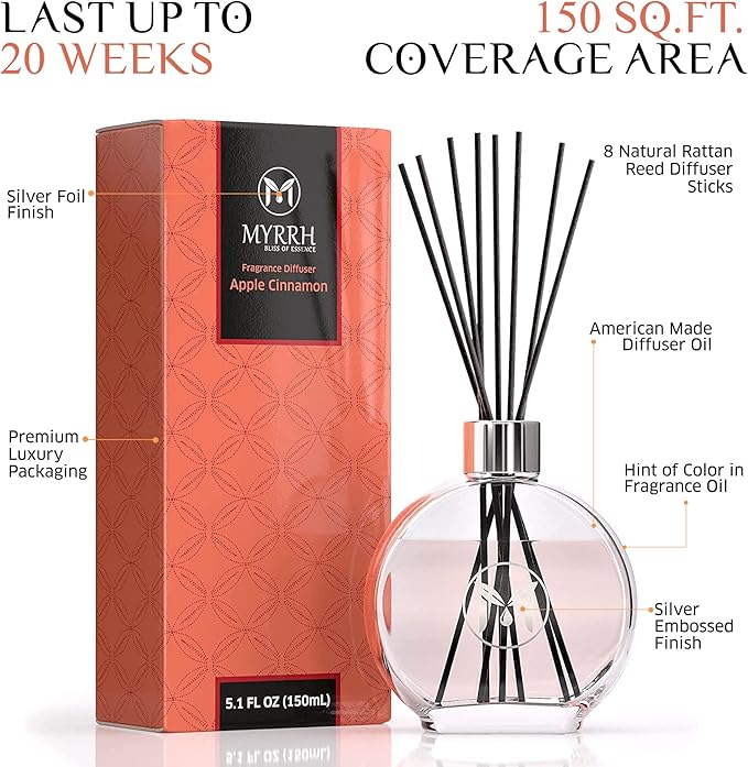 Apple Cinnamon Scented Reed Diffuser Set with 8 Rattan Diffuser Sticks, 150 ml, All Natural Air Freshener, Long-Lasting Diffusers at Home, MyrrhUSA