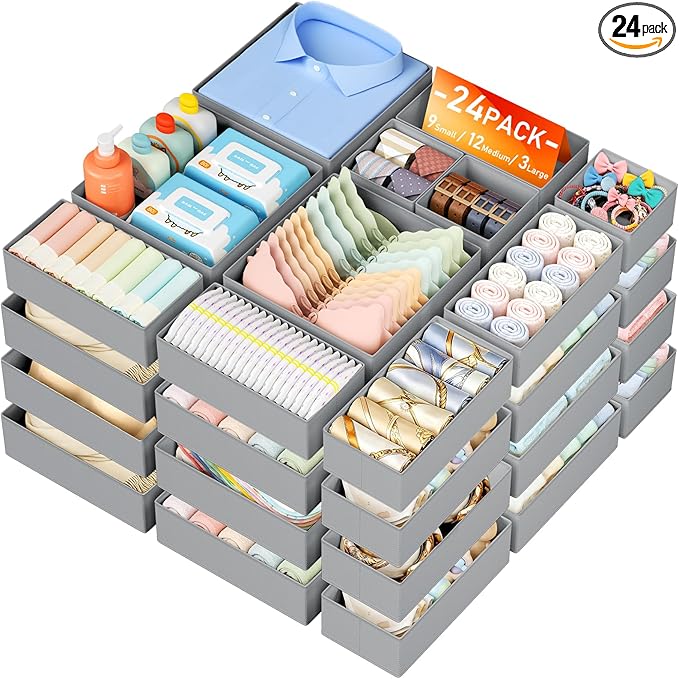 DIMJ Drawer Organizer Clothes Storage - 24 Pack Baby Dresser Organizer for Nursery Closet Organization, Fabric Drawer Organizer Bins for Underwears Socks Bras, Foldable Storage Dividers for Bedroom