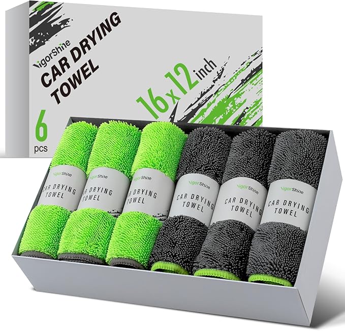 VIGORSHINE 6-Pack Microfiber Towels for Cars (16"×12") Ultra Absorbent and Scratch-Free Car Detailing Cleaning Cloth, Trucks, Home Cleaning, Pet Drying, Boats, and Motorcycles, Gift Packed