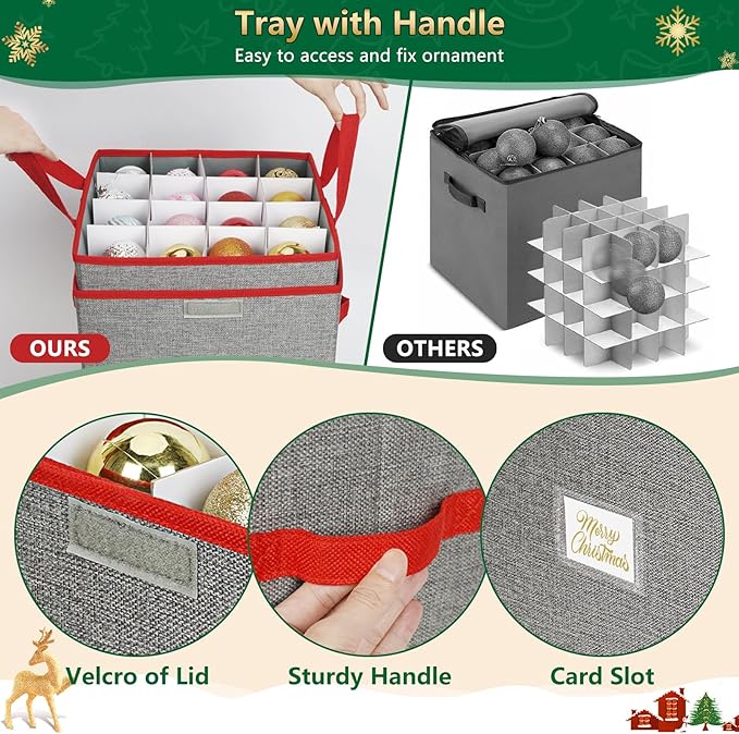 Christmas Ornament Storage Box with Adjustable Dividers, 4 Removable Trays, Christmas Ornament Organizer Ornament Holder Holds Up to 64 Xmas Balls, Durable Christmas Ball Storage Container