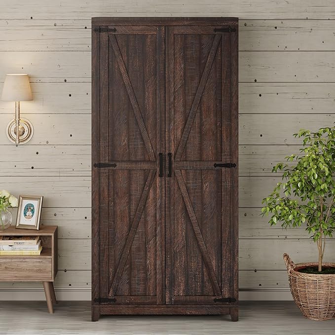 AMERLIFE Set of 2 Farmhouse Armoire Wardrobe Closet with 2 Barn Doors, 71'' Storage Cabinet with Shelf & Hanging Rod, Versatile Clothing Storage for Bedroom, Espresso