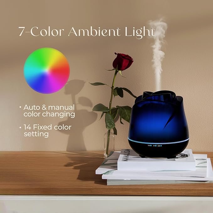 Earnest Living Rose Essential Oil Diffuser 150ml – Mini Ultrasonic Aromatherapy Humidifier for Bedroom & Desk, Quiet Mist, USB Powered, 7-Color Night Light, BPA for Women, Solid Black