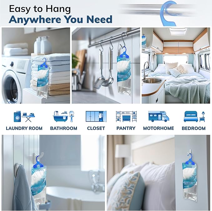 MAVORI Hanging Moisture Absorber Bags, Dehumidifier Bags for Closet, Wardrobe and Laundry Room, Reduce Moisture, Odors, and Dampness, Long-Lasting Humidity Control, 16.9 oz per Bag (Pack of 10)