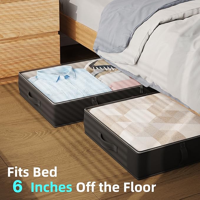 TidyCorner 2-Pack Under Bed Storage, 6 Inches Tall Closet Organizers and Storage Bins with Sturdy Sidewalls/Bottom/4 Handles, Black