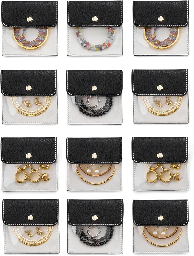 Popvibe Jewelry Pouch Women Mini Small Bag for Travel Clear Black Small Pouch Bulk 12 Pack