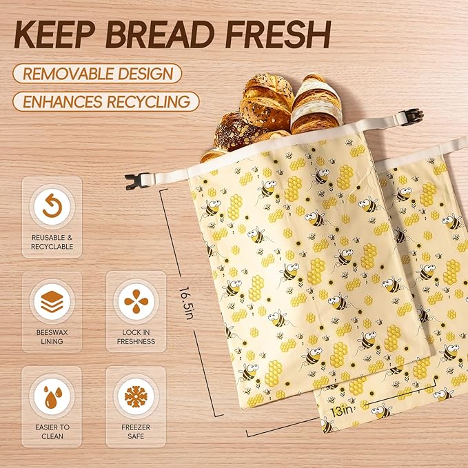 Zackoo Beeswax Bread Bags for Homemade Bread (2 Pack), Sourdough Bread Bag with Removable Beeswax Lining for Keeping Fresh, Reusable Food Storage Bag