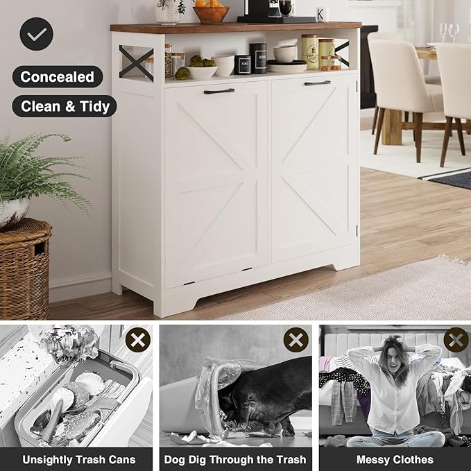 Tilt Out Trash Can Cabinet for 13 * 1 Gallon Trash Can, Farmhouse Kitchen Island Cabinet with Adjustable Shelf for Hidden Laundry Basket, Dog Proof Garbage Can for Dining Living Room, White
