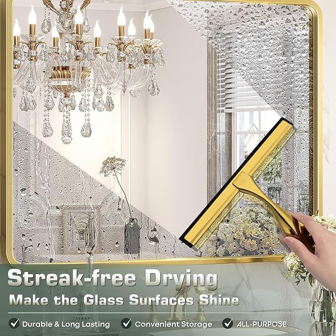 OVSGTTZ Stainless Steel Shower Squeegee for Glass Door with 3 Adhesive Hook, Glass Cleaning Squeegee for Bathroom & Household Window, Mirrors, Tiles and Car, Clear 10 Inches Golden