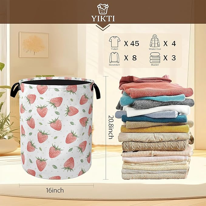 Watercolor Pink Strawberry Laundry Hamper,Green Leaves Collapsible Laundry Baskets,Waterproof Oxford Cloth Laundry Room Organization for Bedroom,Bathroom,Nursery,16x20 Inch