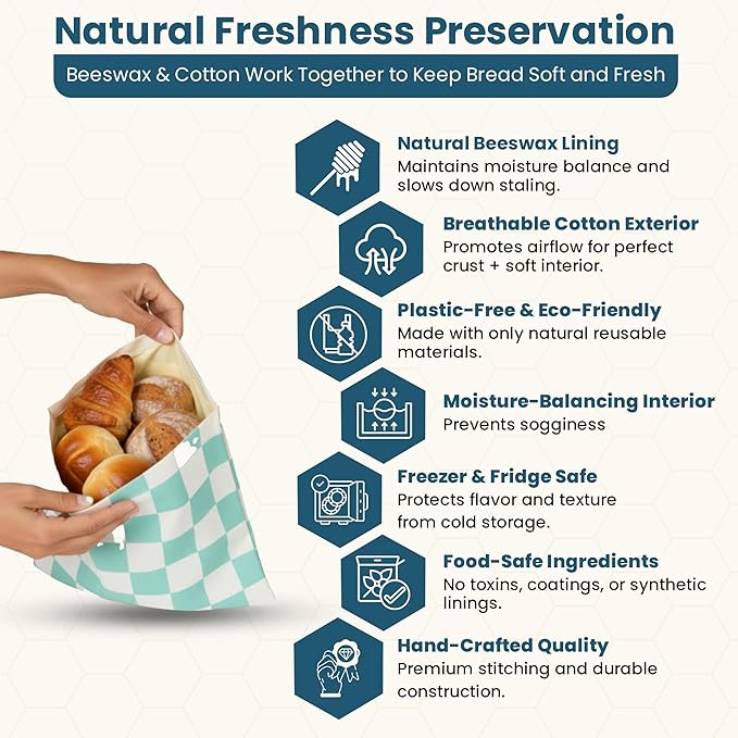 Buzzy Bags 3-Pack Reusable Beeswax Bread Bags (XL, M, S) - Organic Cotton Beeswax Bread Storage Bag for Homemade Bread & Sourdough Freezer-Safe, Breathable & Freshness Support - Eco-Friendly Bread Bag