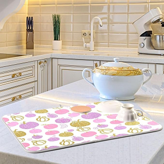 Pumpkin Pink Purple Dish Drying Mat for Kitchen Countertop 18x24 Fall Rectangle Large Drying Mat Reusable Quick Dry Dish Sink Absorbent Mats Dishwasher Easy Clean Decorative Home Decor Essentials