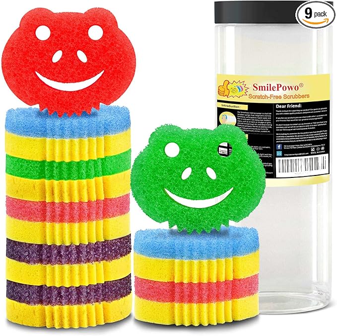 SmilePowo 9 Pack Scrub Sponge, Dual-Sided Temperature Controlled Kitchen Sponge for Dishes,Cute Frog Scrub Sponges Household Cleaning Pads Bathroom Wall Cleaner Multi-Functional Cleaning Sponges