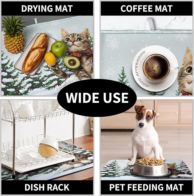 Winter Cat Dish Drying Mat for Kitchen Counter 18x24 Inch Cute Kitty Snow Pine Tree Dishes Drying Mats Large Microfiber Absorbent Dish Rack Pad Fast Dry Dish Mat for Coffee Bar Sinks Home Accessories