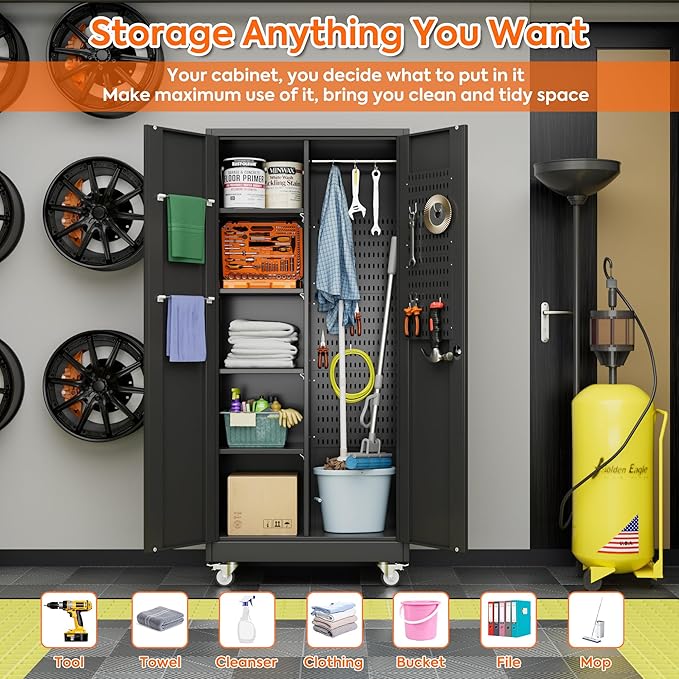 17.7" D×33.5" W×70.87" H Broom Closet Storage Cabinet with Wheels and Pegboard,Garage Storage Cabinet with Doors,Adjustable Shelves for Garage Home,Required Assembly,Black