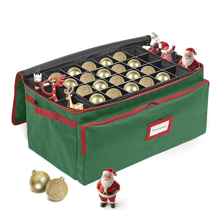 Premium Christmas Ornament Storage Box – Holds up to 72-3” Ornaments + 6 Side Slots for Figurines & Nutcrackers – Holiday Decoration Organizer – Durable 600D Green Canvas