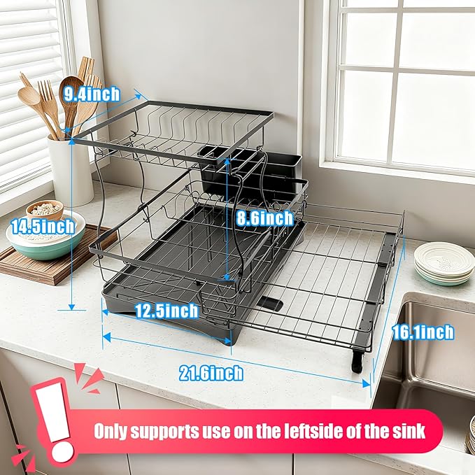 Suouezi Extendable 2 Tier Stainless Steel Dish Drying Rack | Large Over-The-Sink Rust-Resistant Rack | High Capacity with Utensil Holder | Efficient Kitchen Counter Organization & Space Saving