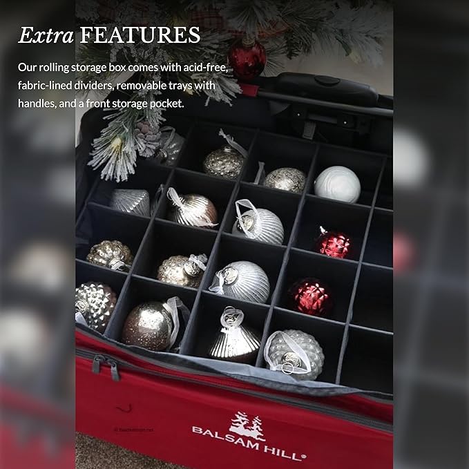 Balsam Hill Deluxe Rolling Ornament Chest - 100pc Christmas Decoration Storage with Dividers & Trays