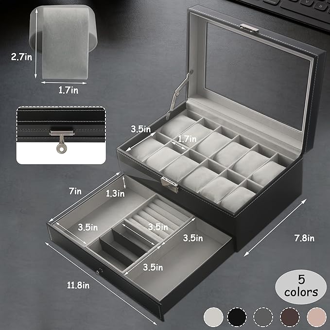 Ogrmar 12 Slot PU Leather Lockable Watch Storage Boxes, Men & Women Jewelry Display Drawer Case, 2-tier Organizer Watch Showcase with Glass Lid (Black)