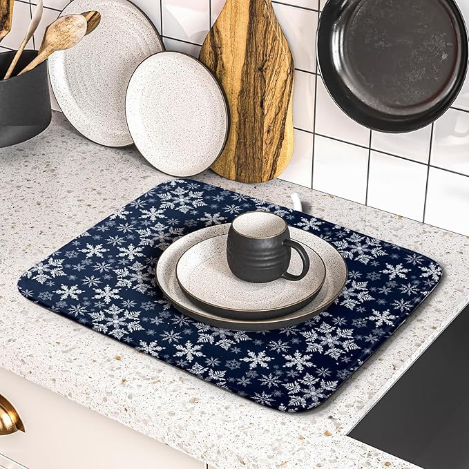 Christmas Dish Drying Mat for Kitchen Counter 18x16 Inch Xmas Snowflake Drying Mat with Absorbent Reversible Microfiber Blue Dish Drainer Mats Rack Pad for Coffee Countertop Protector