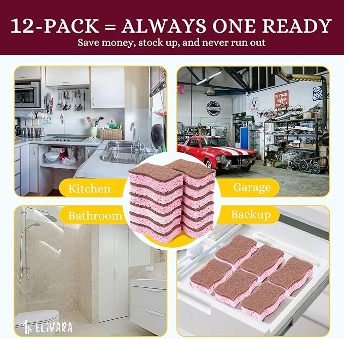 ELIVARA Kitchen Sponges – 12 Pack – Non-Scratch Dual-Sided Cellulose Scrub Sponges for Dishes, Pots, and Pans – Durable, Absorbent, and Reusable (Brown/Pink)