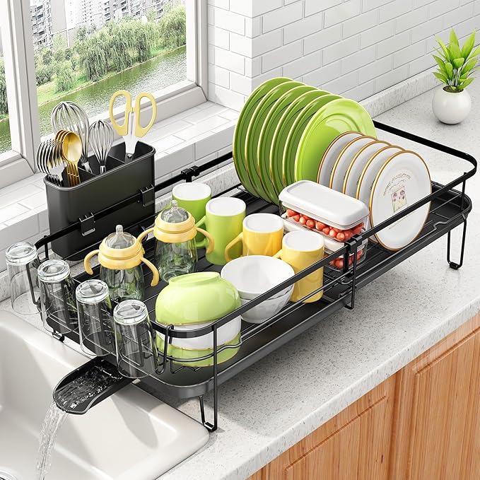 SNTD Dish Drying Rack, Expandable Dish Rack for Kitchen Counter, Metal Dish Drainer with Utensil & Cup Holder 13.8"-22.6" L x 12.1" W (Black)
