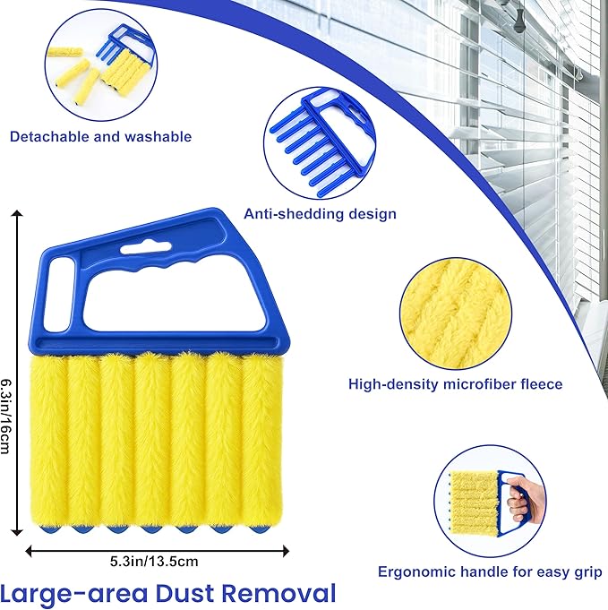 Blind Cleaner Duster Tool - 2 Pcs 7 Fingers Anti-Shedding Window Blind Cleaner Tool and 2 Pcs Air Vent Cleaner, with High-Density Microfiber Fleece and Ergonomic Handle, Detachable and Washable