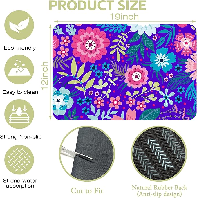Kitchen Mat Colorful Flowers Leaves Dish Drying Mat 12"x19" Bsorbent Coffee Maker Mat for Sink Dishes or Under Rack Kitchen Counter Accessories Absorbent Hide Stain Rubber Backed Dish Drying Pad