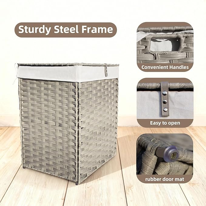 Woven Laundry Hamper with Lid,34 Gal(130 L) Rattan Wicker Laundry Basket 2 Sections with Lid, Removable Machine Washable Line, Large Clothes Hamper with Handles for Bathroom Bedroom, Gray