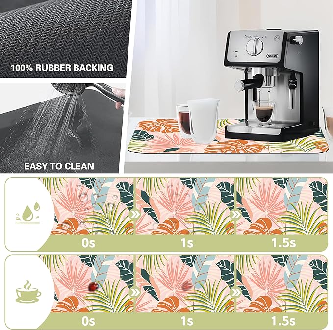 Dish Drying Mat Boho Foliage Botanical Leaves Floral Kitchen Mat 16"x24" Bsorbent Coffee Maker Mat for Dishes Utensils Coffee Maker Pots and Pans Easy Clean Dish Slip Resistant Pad
