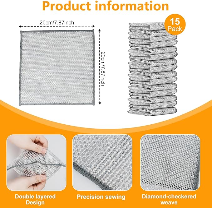 UFOGIFF 15PCS Multipurpose Wire Dishwashing Rag,Non Scratch Wire Dishcloth, Reusable Steel Wool Scrubber,Non-Scratch&Quick-Drying&Odor-Resistant Multi-Purpose for Kitchen,Bathroom Cleaning (15)
