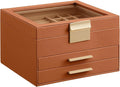SONGMICS Jewelry Box Organizer with Glass Lid, 3-Layer Jewelry Storage, with 2 Drawers, Modern Style, 8 x 9.1 x 5.3 Inches, Caramel Brown and Gold Color UJBC239K01