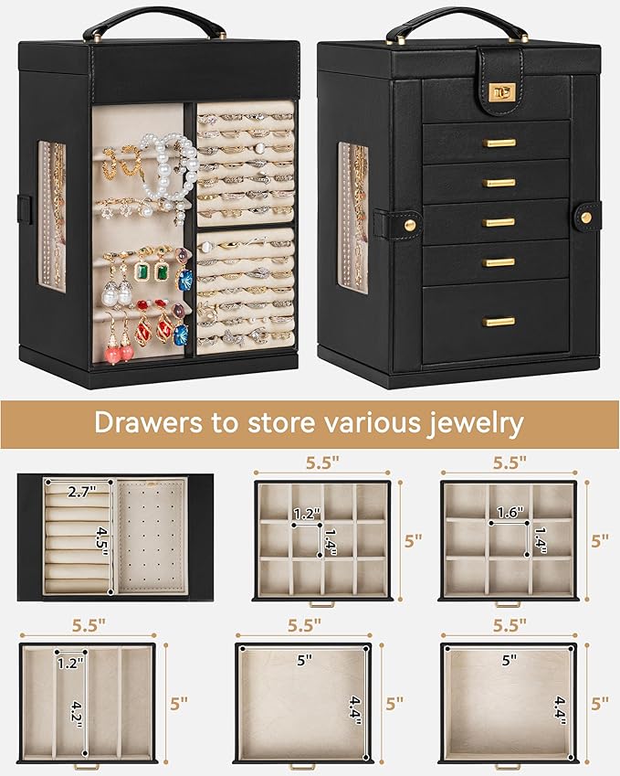 AKOZLIN Jewelry Box 6-Tier Organizer Functional 360° Rotating Jewelry Storage Case for Women Girls Ring Necklace Earring Bracelet Holder with Mirror
