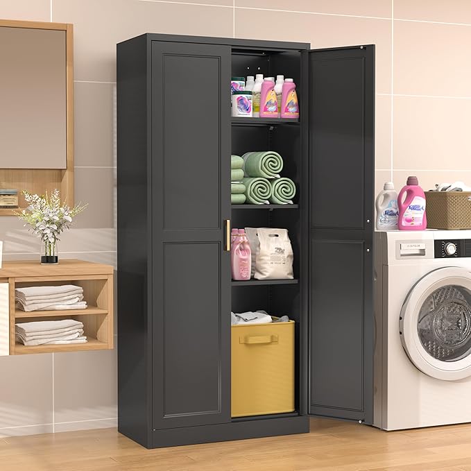 71" Kitchen Pantry Storage Cabinet,Black Tall Storage Cabinet With Doors and Shelves,Metal Food Pantry Cabinets for Kitchen Storage,Freestanding Cupboard for Dining Living Room,Assemble Required