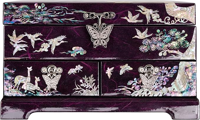 MADDesign Mother of Pearl Lacquered Jewelry Box Two Level Cranes (Purple)