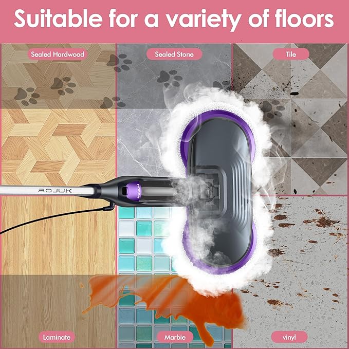 BOJUK Scrub and Steam Mop with LED Headlights, All-in-One Hard Floor Cleaner Rotating Mop, 6 Cleaning Pads, Swivel Steering, Cable Holder & XL Water Tank